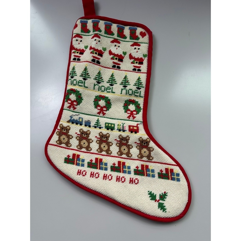 Vintage Handmade Needlepoint‎ Christmas Stocking Santa Teddy Bear Red Velvet 19"